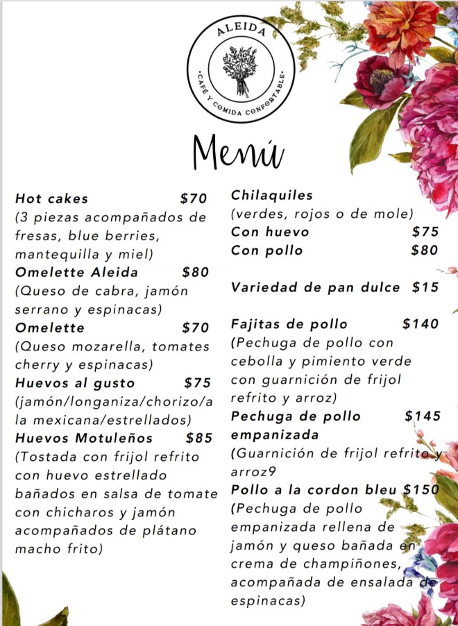 Menú de desayunos y comida