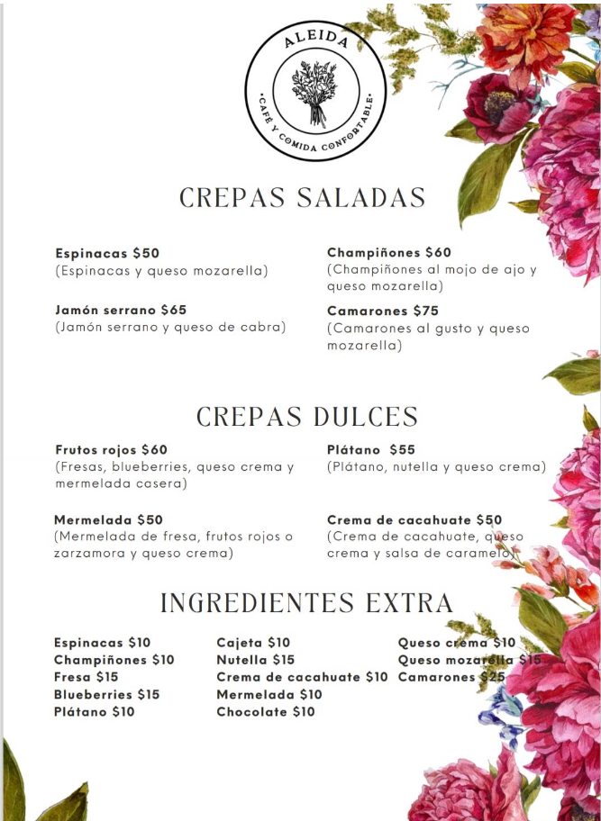 Menú de crepas e ingredientes extra
